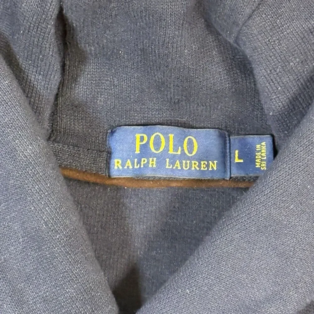 Vtg Polo Ralph Lauren Navy Shawl Neck Sweater Large Faux Suede Elbow Patch Pony